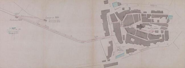 Ville de Caraman, projet de conduite et de distribution d'eau, plan d'ensemble. Tranié, ingénieur. 19 juin 1880. Ech. 1/1000.