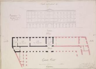 Séminaire de Toulouse, département de la Haute-Garonne [aile est, plan au sol et façade ouest en élévation]. Laffon, architecte. 1823. Ech. 0,5 cm = 1 m.