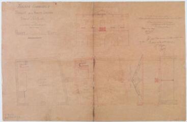 Travaux communaux, commune de Gardouch, projet de construction d'une mairie, plans du rez-de-chaussée et du 1er étage, élévation de la façade, coupe. Diomard. 31 janvier 1872. Ech. 0,01 p.m.