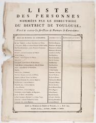 Liste des personnes nommées par le directoire du district de Toulouse pour exercer les fonctions de porteurs de contraintes. 1792.