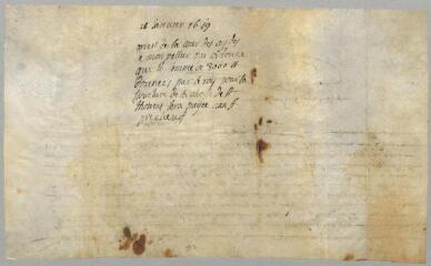 Arrêt de la cour des aides de Montpellier qui ordonne que la somme de 3000 livres, donnée par le roi pour la châsse de saint Thomas, soit payée aux frères prêcheurs (1 pièce parchemin), 16 janvier 1619.