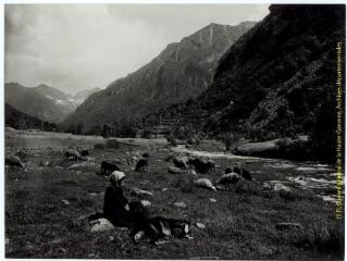 Environs d'Ax-les-Thermes (Ariège) : vallée d'Orlu : une bergère, ses moutons et une chèvre / J.-E. Auclair photogr. - [entre 1920 et 1950]. - Photographie