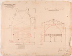 Commune de Montégut, projet de restauration de l'église, plan, coupe. Copie du 20 juin 1845 d'un plan dressé par M. Delor, architecte, le 15 mai 1845. Ech. n.d.
