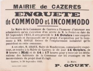 Mairie de Cazères. Enquête de commodo et incommodo. 30 septembre 1933. Cazères : Imp. Caubet.