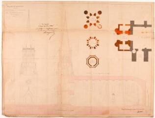 Eglise de Montaut, plans, coupes et élévation d'un clocher à construire à ladite église. Vital Grenié, architecte. 2 mai 1856. Ech. 0,01 p.m.