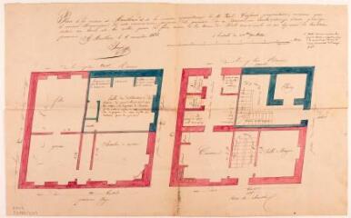 Plan de la mairie de Montbrun et de la maison appartenant à M. Paul Cassas, propriétaire, plans du rez-de-chaussée et du 1er étage. Pradé. 6 novembre 1838. Ech. 0,02 p.m.