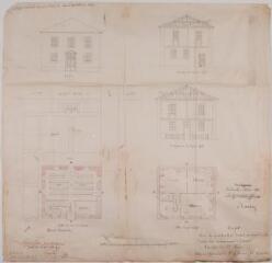 Projet pour la construction d'une maison d'école dans la commune d'Esténos, façade, plans du rez-de-chaussée et du 1er étage, coupes. Castex, architecte. 27 novembre 1858. Ech. 0,01 p.m.