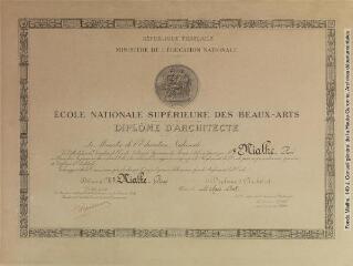 Ministère de l'Education nationale. Ecole Nationale Supérieure des Beaux-Arts : diplôme d'architecte de René Mialhe, 11 mars 1948