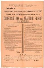 République française, établissements insalubres ou incommodes de 1ère classe, ville de Mazères-sur-le-Salat, construction d'un abattoir public, enquête. 4 novembre 1909. Saint-Gaudens : imp. L. Vanin.