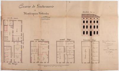 Caserne de gendarmerie à Montesquieu-Volvestre, élévation, plans du rez-de-chaussée, du 1er, du 2ème et du 3ème étage. Toulouse, agent voyer. 15 décembre 1861. Ech. 1/100.
