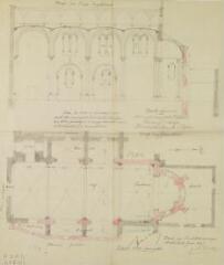 Commune d'Auzas, reconstruction de l'église, projet supplémentaire, coupe sur l'axe longitudinal, plan. Castex J.-A., architecte. 28 juin 1895. Ech. 0,01 p.m.