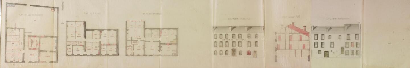 Ville d'Aspet, projet de transformation de l'ancienne mairie en caserne de gendarmerie, plans du rez-de-chaussée, du 1er et du 2ème étage, élévation principale, coupe, élévation postérieure. Barès, architecte. 2 novembre 1901. Ech. 0,01 p.m.