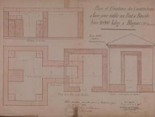 Plans et élévations des constructions à faire pour établir un pont bascule force 10000kg à Blagnac, élévation de la fosse, plan de la fosse et du pavillon, élévation d'une des faces du pavillon. Ateliers Ruffat à Toulouse. 19 mai 1883. Ech. 1/20.