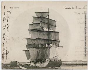 Un voilier. - [s.l.] : [s.n.], tampon de la poste de septembre 1906. - Carte postale