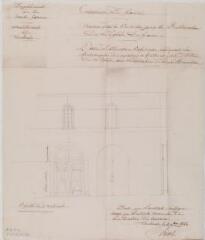 Commune de Gauré, travaux d'art à exécuter pour la restauration de l'église de Gauré, partie d'élévation extérieure indiquant la maçonnerie des ouvertures de fenêtres et porte d'entrée de l’église avec l’indication de leur menuiserie. Rivet, architecte. 25 avril 1864. Ech. 2 cm pour 1 m.