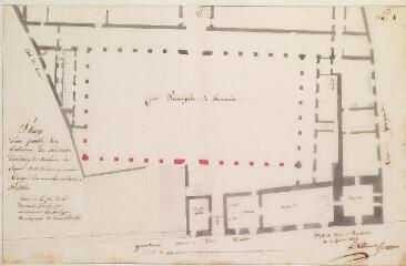 Plan d'une partie des bâtiments du séminaire diocésain de Toulouse sur lequel sont tracées en couleur rouge les nouvelles constructions projetées. Villeneuve D., architecte. 1838. Ech. 0,5 cm = 1 m.