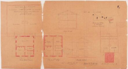 Commune de Fustignac, projet de construction d'une maison d'école mixte, plan du centre du village, plan d'ensemble, plans du rez-de-chaussée et du 1er étage, coupe, façade d’entrée. Fauré, architecte. 19 août 1880. Ech. 1/2500 et 0,01 p.m. et 0,005 p.m. Plan modifié et complété le 24 mars 1881.