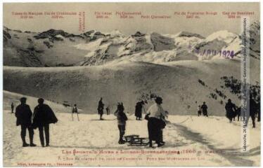 Les sports d'hiver à Luchon-Superbagnères (1800 m d'alt.). 7. Sur le plateau un jour de concours, fond des montagnes du Lys. - Toulouse : phototypie Labouche frères, marque LF au verso, [1918], tampon d'édition du 4 août 1924. - Carte postale