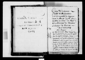 Commune de Capens. 1 D 1 : registre des délibérations du conseil municipal, 1690 1er novembre-1790. En plus, cahier de doléances, 1789