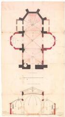 [Commune de Lapeyrouse-Fossat], plan des travaux de l'église, plan et coupe. Auguste Virebent, architecte. [15 janvier 1846]. Ech. 1/100.