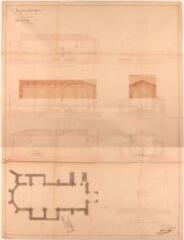 Eglise paroissiale de la commune de Montaut, coupes longitudinales et transversale de l'église dans l'état actuel, coupes longitudinale et transversale suivant le projet, élévations au midi et au couchant, plan. D. Villeneuve, architecte. 12 août 1851. Ech. 1/100.