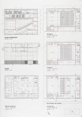 Coupe longitudinale ; façade ; plan du sous-sol ; niveaux RDC, 1 et 2. Coupe longitudinale ; façade ; plan du sous-sol ; niveaux RDC, 1 et 2.