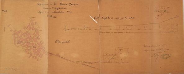 Commune d'Argut-Dessus, projet d'une alimentation d'eau, plan général, profil en long de la voie suivie par la conduite. Fortin, ingénieur civil. 20 février 1881. Ech. 1/1250.