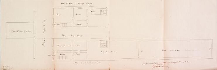 Plan du presbytère d'Auzas, plan du 1er étage et du rez-de-chaussée. Dambrun, maçon entrepreneur. 6 août 1855. Ech. 1 cm pour 1 m.