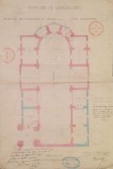 Commune de Lagrâce-Dieu, projet de reconstruction de l'église, plan horizontal. Raynaud J., architecte. 10 août 1873. Ech. 0,01 p.m.
