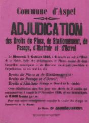 Commune d'Aspet, adjudication des droits de place, de stationnement, de pesage, d'abattoir et d'octroi. [1931]. Soueich : imp. P. Vaqué.