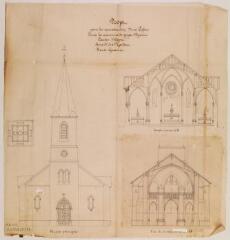 Projet pour la reconstruction d'une église dans la commune de Juzet-d'Izaut, façade principale, coupe, vue de la tribune. [Castex, architecte. 19 novembre 1861]. [Ech. 1/100].