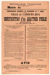 République française, établissements insalubres ou incommodes de 1ère classe, ville de Cadours, construction d'un abattoir public, enquête. 27 novembre 1908. Toulouse : imp. Ch. Marques.