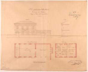 Commune de Merville, projet de maison d'école pour les filles, élévation, coupe, plans du rez-de-chaussée et du 1er étage. Jacques Lacassin, architecte. 30 mai 1881. Ech. 0,01 p.m.