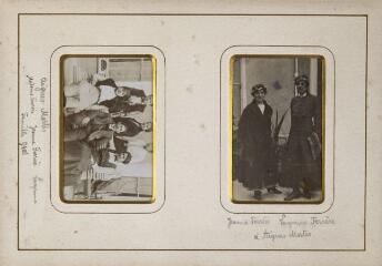 Deux portraits : à gauche, groupe de six personnes (Famille Gros, Lucyenne et Jeanne Ferrère à Aigues-Mortes), à droite, deux femmes en pied (Jeanne et Lucyenne Ferrère à Aigues-Mortes).