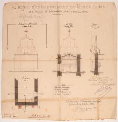 Projet d'exhaussement du mur du clocher de la commune de Massabrac, élévation principale, plan, coupes. Gazagne, architecte. 19 octobre 1880. Ech. 0,01 p.m. Coul. sur calque. Dim. 0,38 x 0,36 m.