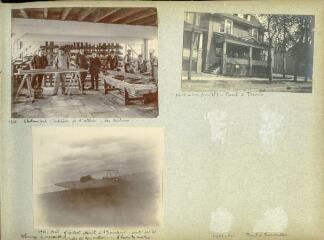 Trois photographies : en haut à gauche, groupe d'hommes dans un ateliers ("1910, Chelmsford, intérieur de l'atelier-les séchoirs") , en haut à droite, groupe de personnes sur le perron d'une maison ("1911, Paul à Toronto"), en bas à gauche, un avion Farman (1911, avril Gilbert atterrit à Saint-Gaudens arrêté par les ratés du moteurs...6h du matin), en bas à droite, une photographie manquante ("1911, mai Paul à Toronto).
