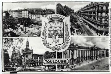 606. Toulouse, la ville rose : square Roosevelt, rue Alsace-Lorraine, donjon et façade du Capitole (1750). - Toulouse : éditions Pyrénées-Océan, Labouche frères, [entre 1950 et 1960]. - Carte postale