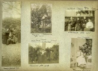Cinq portraits : à gauche, quatre femmes et un homme dans un jardin (en haut, Suzanne, à droite, Jeanne Dieuzeide, Meaux, janvier 1904), au milieu en haut, femme en haut d'une échelle dans un arbre (Suzanne, Fleurance, novembre 1908), au milieu en bas, quatre femmes et un homme dans un jardin (Marie Privat, Suzanne, Joséphine Cazes, Paul Privat, Fleurance, novembre 1908), en haut à droite, trois femmes et un homme assis sur un banc en extérieur avec une femme au deuxième plan (Paul Privat, Joséphine Cazes, Marie Privat, Jeanne Dieuzeide, Fleurance, novembre 1908), en bas à droite, jeune femme assise en train de coudre (Jeanne Deuzeide, Fleurance, novembre 1908).