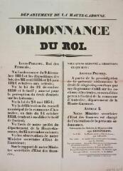 Département de la Haute-Garonne. Ordonnance du roi [concernant la surpression de l'octroi sur les cochons]. 18 janvier 1839. Imp. Léon Rivals, Muret.