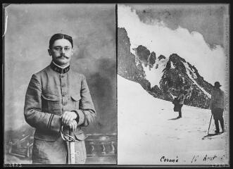Deux images : à gauche, portrait d'Henri Gaussen en soldat (80e régiment d'infanterie), pendant la première guerre mondiale (après le 12 janvier 1915) (20 FI NV 2723) ; à droite, Col de Coroné, 16 août 1908 (20 FI TP 2724).
