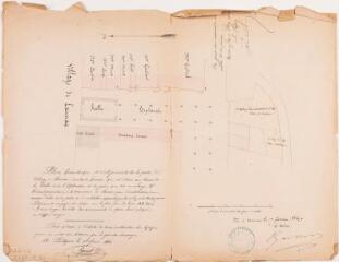 Plan géométrique et d'alignement de la partie du village de Launac qui est situé au levant de la halle et de l'esplanade. Charrat, géomètre. 15 février 1884. Ech. 1/500.