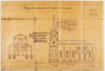 Commune de Lespugue, projet de construction de l'église de Lespugue, coupe, façade latérale. E. Thiers, architecte. 2 mai 1868. Ech. 0,01 p.m.
