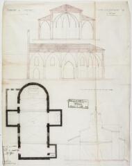 Commune de Layrac, projet d'achèvement de l'église, coupes, plan, élévation. Alexandre Laffon, architecte. 10 août 1850. Ech. 1/100.