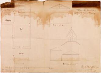 Plan de l'ancienne église de Juzet-d'Izaut, plan, coupe sur la largeur, élévation de l'entrée. Castex, architecte. 2 septembre 1860. Ech. 1/100.