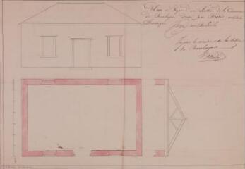 Plan et projet d'un abattoir de la commune de Boulogne, [élévation, plan, coupe]. Farès, architecte. [1833]. Ech. 2 cm pour 1 m.