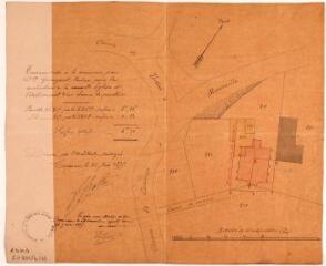 [Commune de Maureville], terrain cédé à la commune par demoiselle Gringaut Pauline pour la construction de la nouvelle église et l'établissement d'un chemin de pourtour. Rolly, architecte. 26 juin 1875. Ech. 1/500.