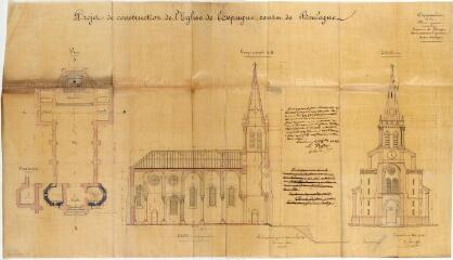 Commune de Lespugue, projet de construction de l'église de Lespugue, plan, coupe, élévation. E. Thiers, architecte. 2 mai 1868. Ech. 0,01 p.m.