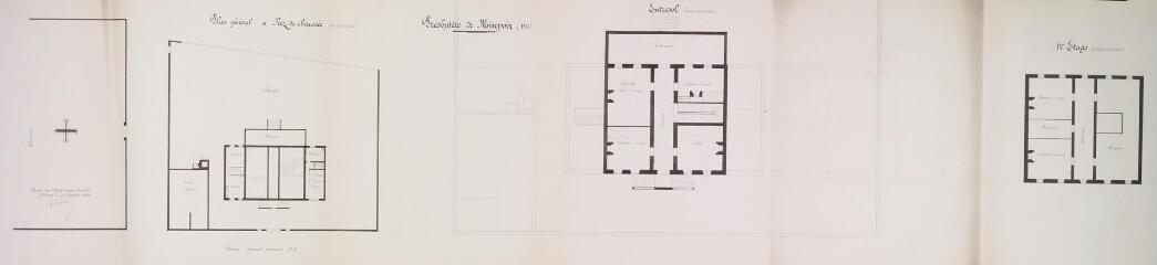 Presbytère de Mirepoix, plan général et rez-de-chaussée, entresol, 1er étage. [...], agent voyer. 30 décembre 1904. Ech. 0,01 p.m.