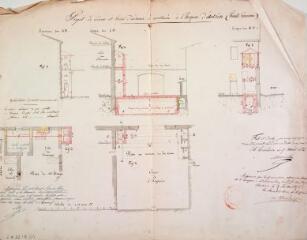 Projet de lieux et fosse d'aisance à construire à l'hospice d'Auterive, élévation, coupes, plan au niveau de la cour, plan du 1er étage. Marseillan.17 mars 1852. Ech. 0,01 p.m.