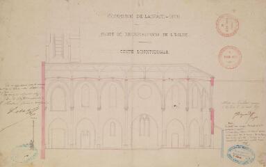 Commune de Lagrâce-Dieu, projet de reconstruction de l'église, coupe longitudinale. Raynaud J., architecte. 10 août 1873. Ech. 0,05 p.m.